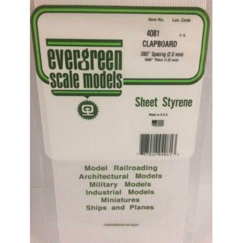 Evergreen #4081 Styrene Siding: Clapboard 0.080 (2.0 mm) Spacing x 0.040 (1.0mm) Thick 6 x 12