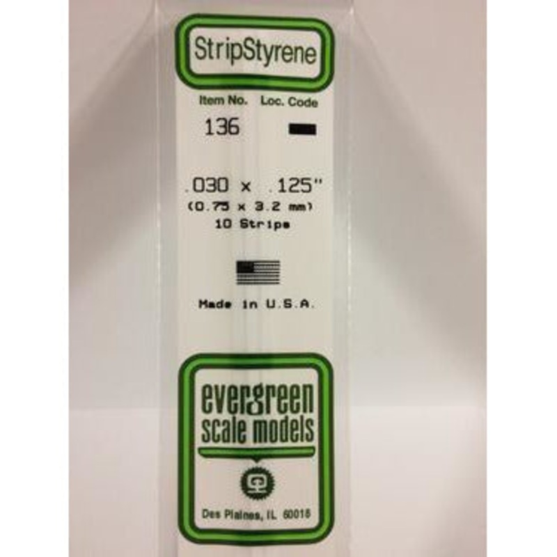Evergreen #136 Styrene Strips: Dimensional 10 pack 0.030 (0.75mm) x 0.125 (3.2mm) x 14 (35cm)