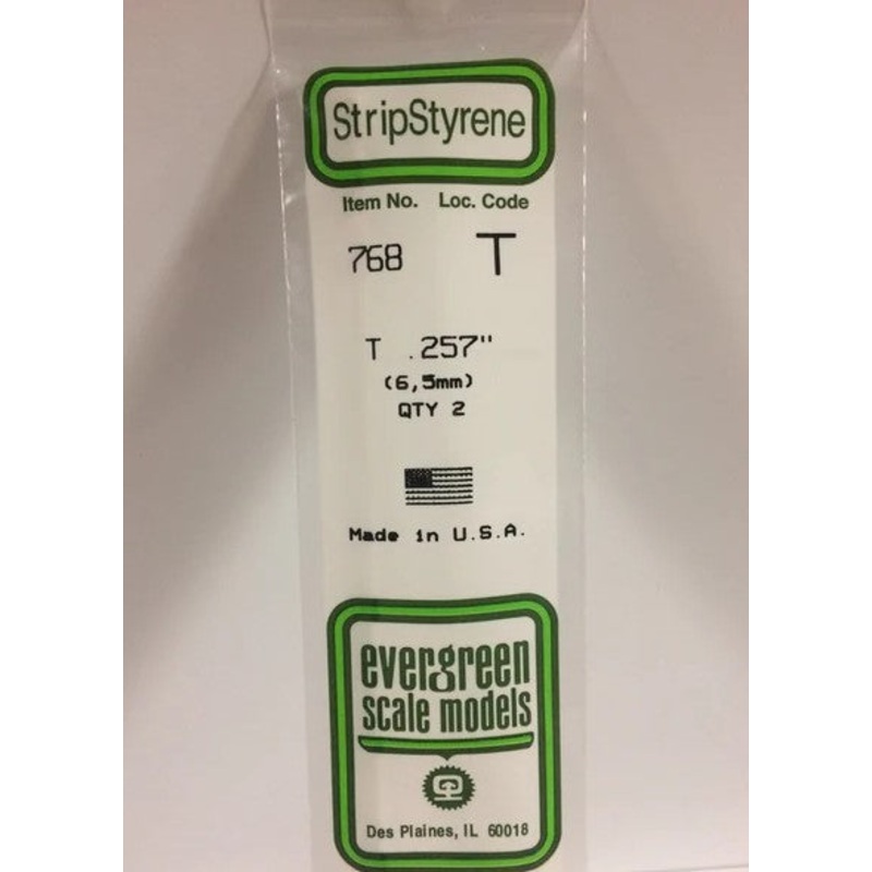 Evergreen 768 T Channel .257 (6.5mm) Strips (2pcs)