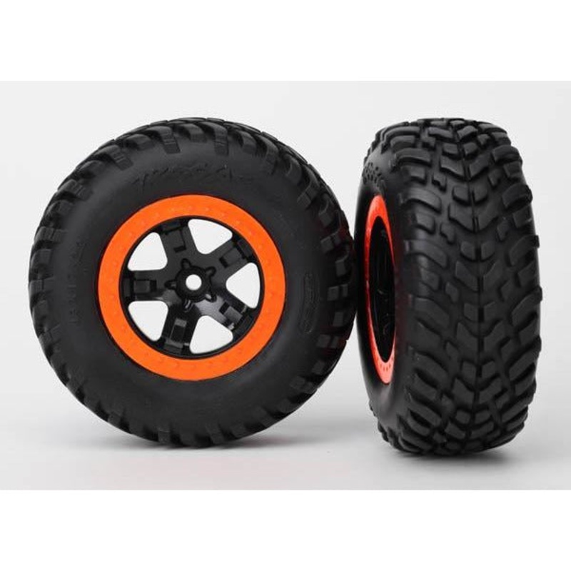TRA5864 Tire & wheel black, orange beadlock wheels, SCT off-road racing tires (2WD front) TRA5864