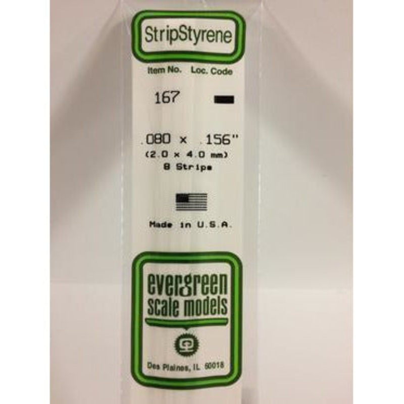 Evergreen #167 Styrene Strips: Dimensional 8 pack 0.080 (2.0mm) x 0.156 (4.0mm) x 14 (35cm)