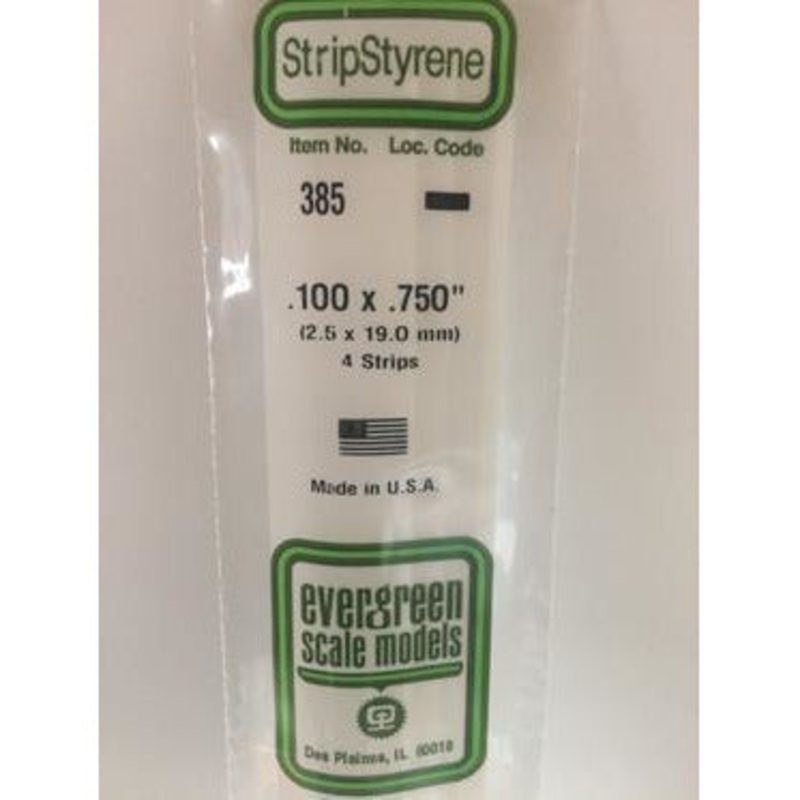 Evergreen #385 Styrene Strips: Dimensional 4 pack 0.100 (2.5mm) x 0.750 (19.0mm) x 24 (60cm)