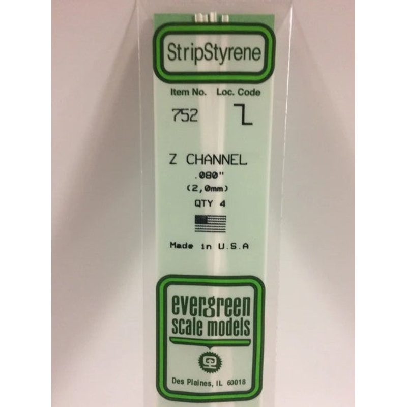Evergreen 752 Z Channel .080 (2.0mm) Strips (4pcs)