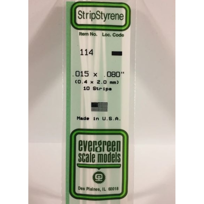 Evergreen 114 .015 x .080 (0.38 x 2.0mm) Strips (10pcs)