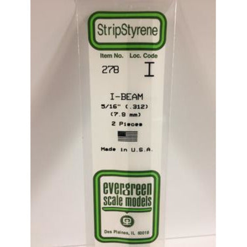 Evergreen #278 Styrene Shapes: I-Beam 2 pack 5/16 0.312 (7.9mm) x W: 0.134 (3.4mm) x FT: 0.018 (0.46mm) x WT: 0.028 (0.71mm)