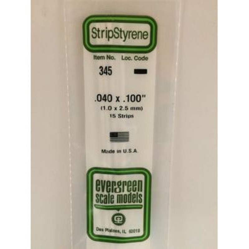 Evergreen #345 Styrene Strips: Dimensional 15 pack 0.040 (1.0mm) x 0.100 (2.5mm) X 24 (60cm)