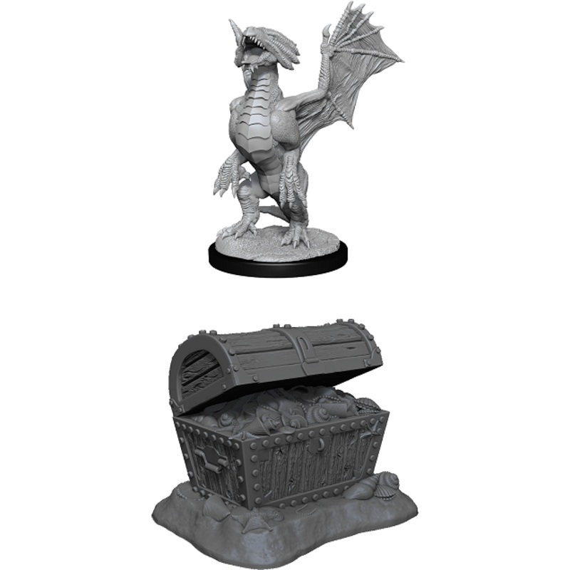 D&D Unpainted Mini – Bronze Dragon Wyrmling & Pile of Sea Found Treasure 90152