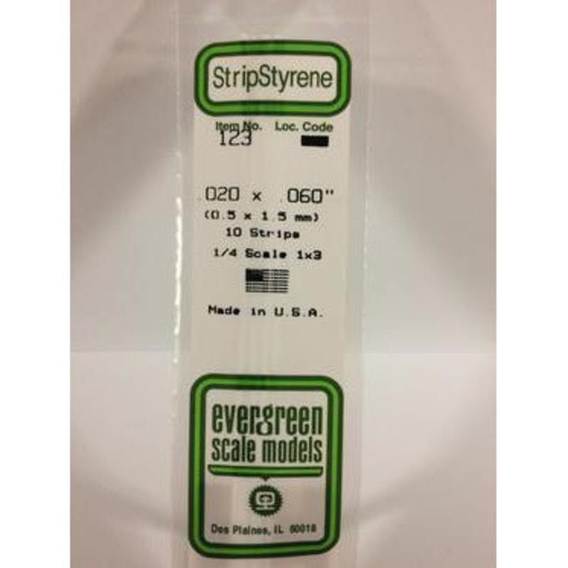 Evergreen #123 Styrene Strips: Dimensional 10 pack 0.020 (0.50mm) x 0.060 (1.5mm) x 14 (35cm)