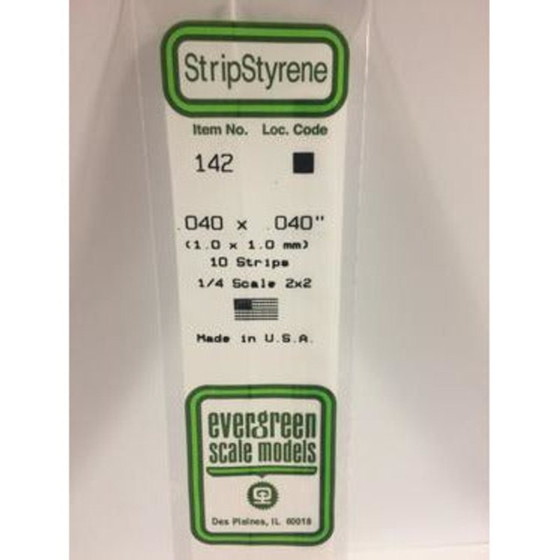 Evergreen #142 Styrene Strips: Dimensional 10 pack 0.040 (1.0mm) x 0.040 (1.0mm) x 14 (35cm)