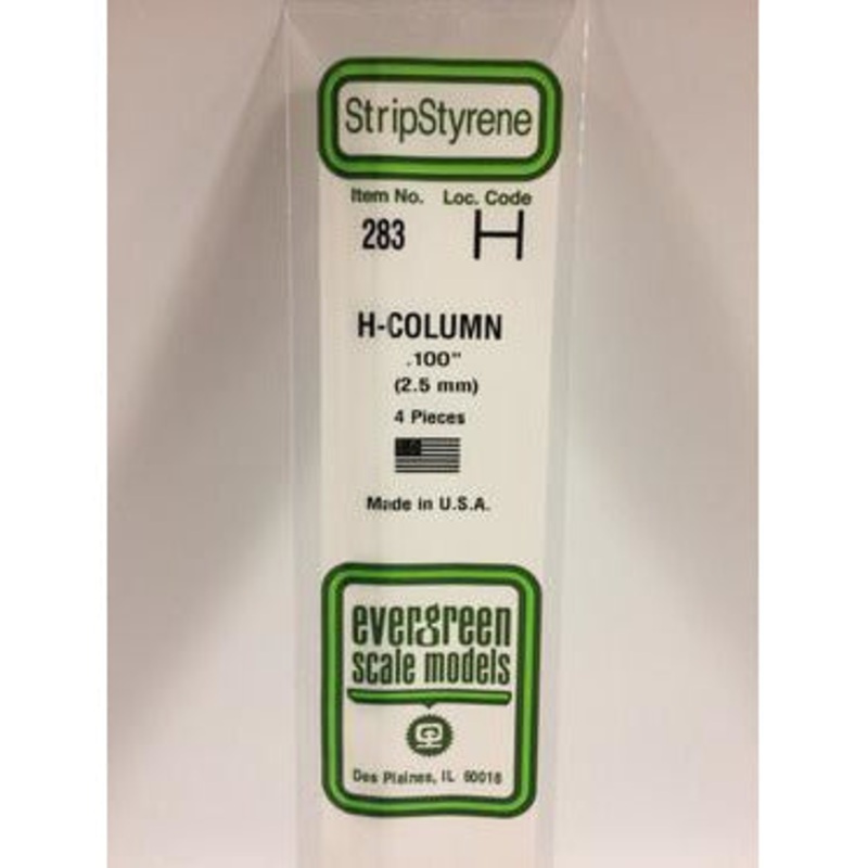 Evergreen #283 Styrene Shapes: H-Column 4 pack 0.100 (2.5mm) x W: 0.093 (2.4mm) x FT: 0.010 (0.25mm) x WT: 0.019 (0.48mm)