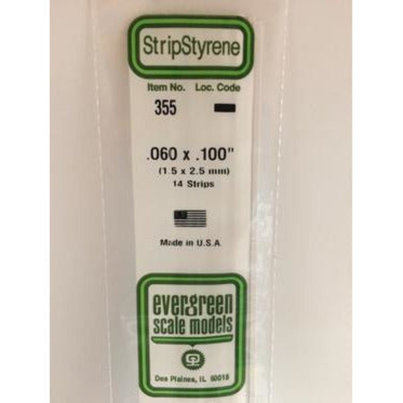 Evergreen #355 Styrene Strips: Dimensional 14 pack 0.060 (1.5mm) x 0.100 (2.5mm) x 24 (60cm)
