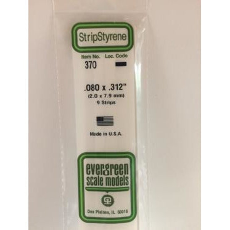 Evergreen #370 Styrene Strips: Dimensional 9 pack 0.080 (2.0mm) x 0.312 (7.9mm) x 24 (60cm)
