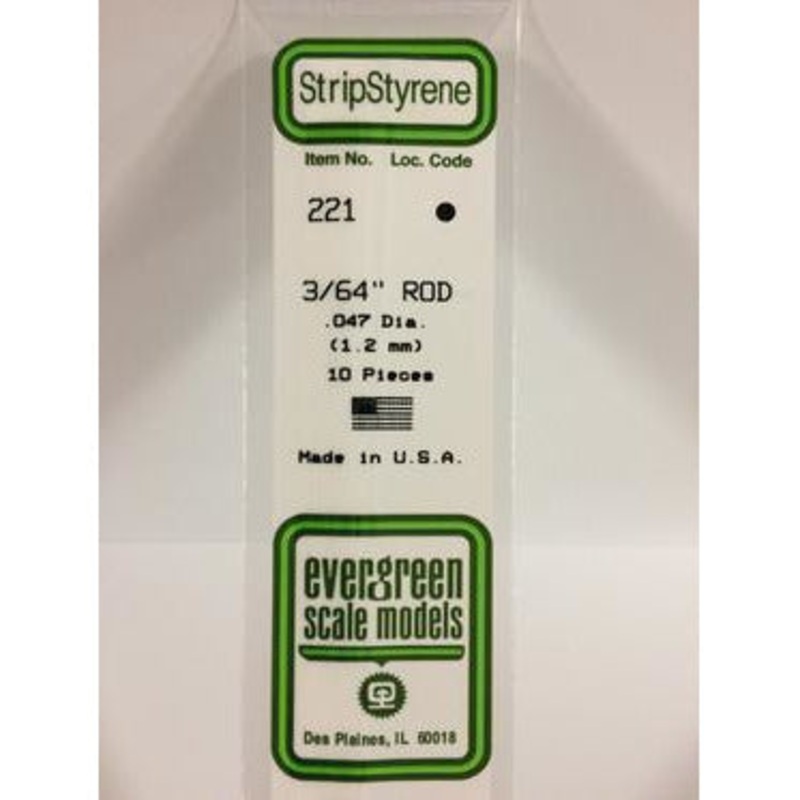 Evergreen #221 Styrene Rods: 3/64 10 pack 0.047 (1.2mm) OD x 14 (35cm)