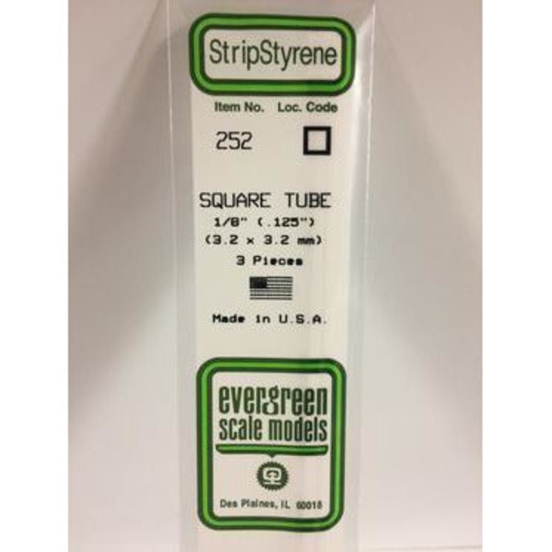 Evergreen #252 Styrene Tubes: Square 1/8 3 pack 0.125 (3.2mm) x 14 (35cm)