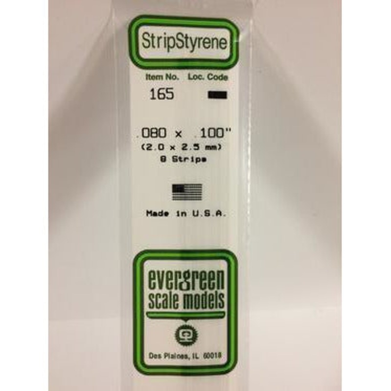 Evergreen #165 Styrene Strips: Dimensional 9 pack 0.080 (2.0mm) x 0.100 (2.5mm) x 14 (35cm)