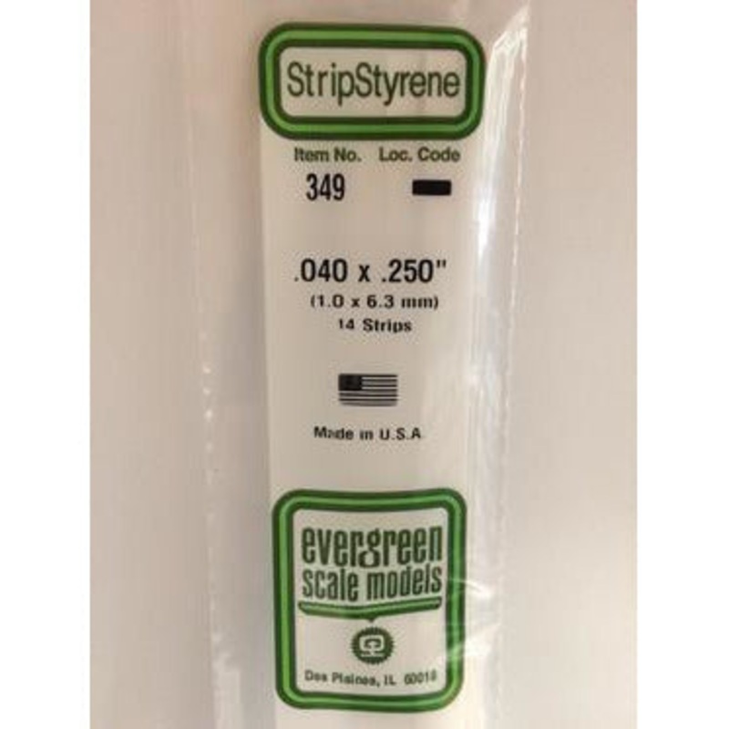 Evergreen #349 Styrene Strips: Dimensional 14 pack 0.040 (1.0mm) x 0.250 (6.3mm) X 24 (60cm)