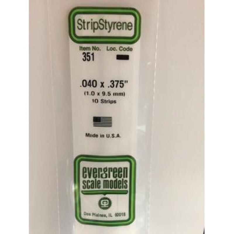 Evergreen #351 Styrene Strips: Dimensional 10 pack 0.040 (1.0mm) x 0.375 (9.5mm) X 24 (60cm)