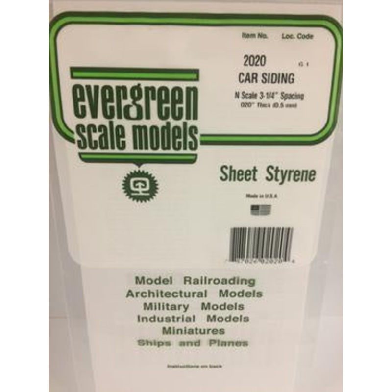 Evergreen #2020 Styrene Siding: 0.020 N Scale Freight Car 0.020 (0.5mm) Spacing 6 x 12
