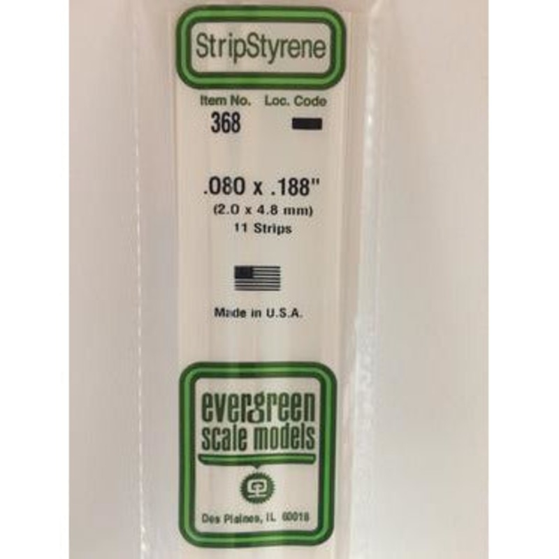Evergreen #368 Styrene Strips: Dimensional 11 pack 0.080 (2.0mm) x 0.188 (4.8mm) x 24 (60cm)