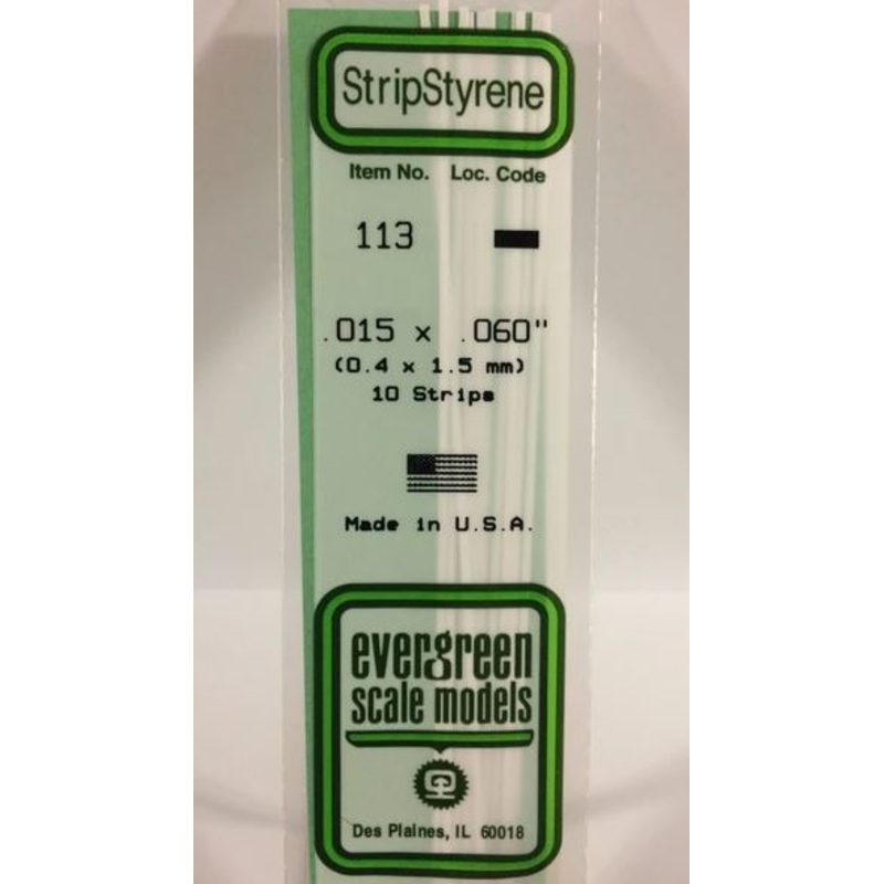 Evergreen 113 .015 x .060 (0.38 x 1.5mm) Strips (10pcs)