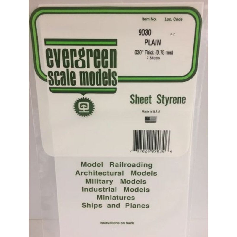 Evergreen 9030 .030 Thick (.75mm) 2 Sheets