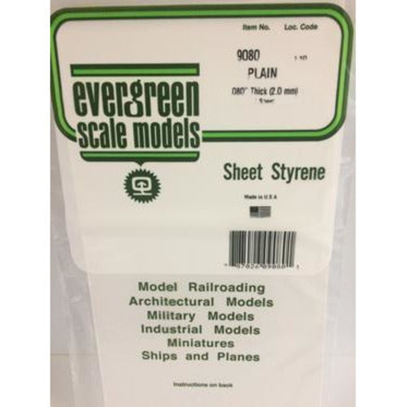 Evergreen #9080 Styrene Sheets: Plain 1 pack 0.080 (2.0mm) x 6 x 12