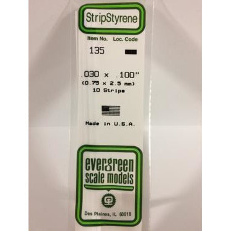 Evergreen #135 Styrene Strips: Dimensional 10 pack 0.030 (0.75mm) x 0.100 (2.5mm) x 14 (35cm)