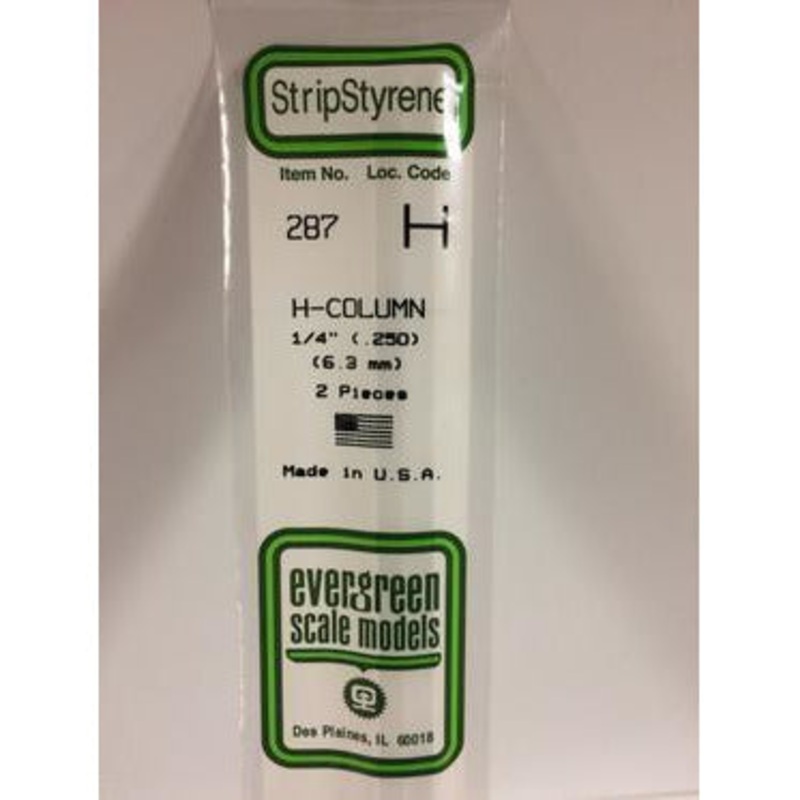 Evergreen #287 Styrene Shapes: H-Column 1/4 2 pack 0.250 (6.3mm) x W: 0.236 (6.0mm) x FT: 0.016 (0.40mm) x WT: 0.026 (0.66mm)