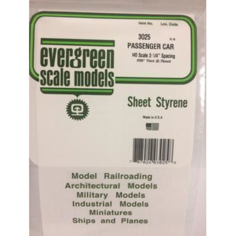 Evergreen #3025 Styrene Siding: Passenger Car HO 0.025 (0.64 mm) Spacing x 0.030 (75mm) Thick 6 x 12
