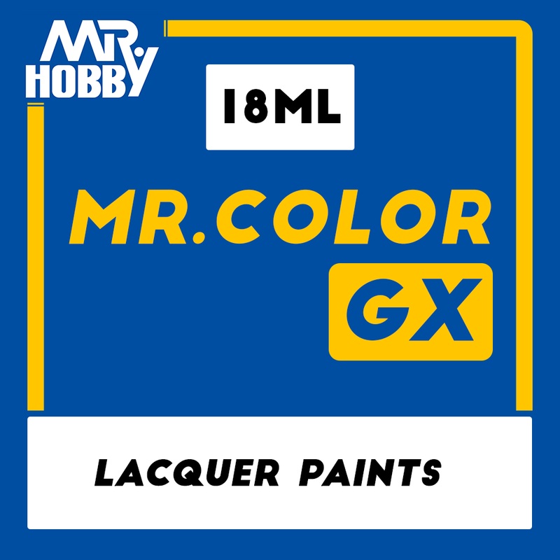 Mr. Color Paint GX|GX2 Black|GX4 Yellow|GX5 Blue|GX6 Green|GX100 Super Clear III Gloss|GX101 Clear Black|GX105 Clear Pink|GX108 Clear Violet|GX112 Super Clear III UV Cut Gloss|GX113 Super Clear III UV Cut Flat|GX 114 Super Smooth Clear Flat