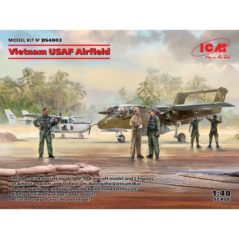 Vietnam USAF Airfield (Cessna O-2A, OV-10 Bronco, US Pilots & Ground Personnel (Vietnam War) (5 figures)) 1/48 #DS4803 by ICM