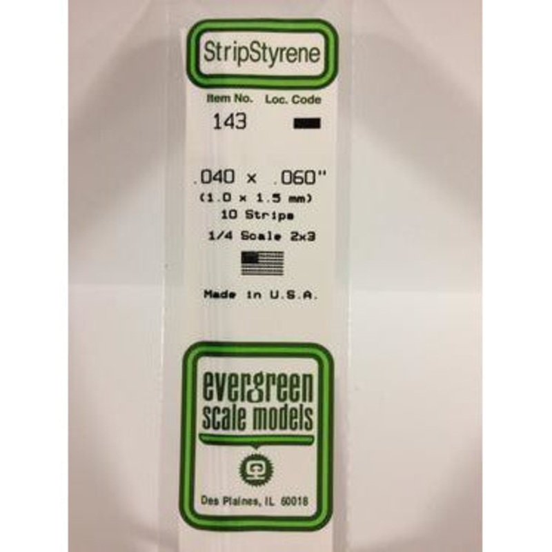 Evergreen #143 Styrene Strips: Dimensional 10 pack 0.040 (1.0mm) x 0.060 (1.5mm) x 14 (35cm)
