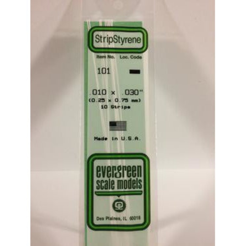 Evergreen #101 Styrene Strips: Dimensional 10 pack 0.010 (0.25mm) x 0.030 (0.75mm) x 14 (35cm)