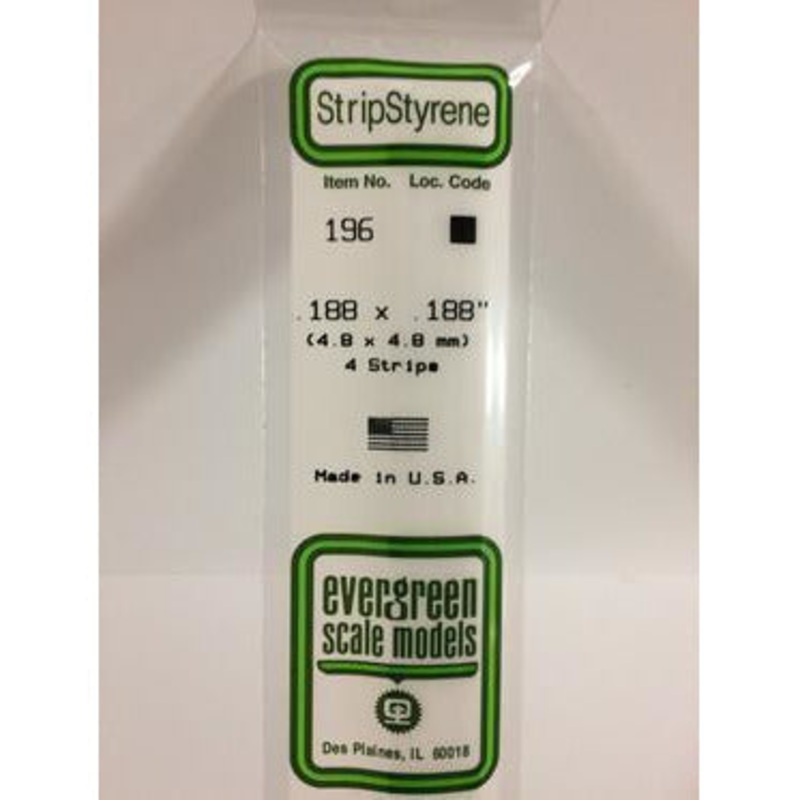Evergreen #196 Styrene Strips: Dimensional 4 pack 0.188 (4.8mm) x 0.188 (4.8mm) x 14 (35cm)