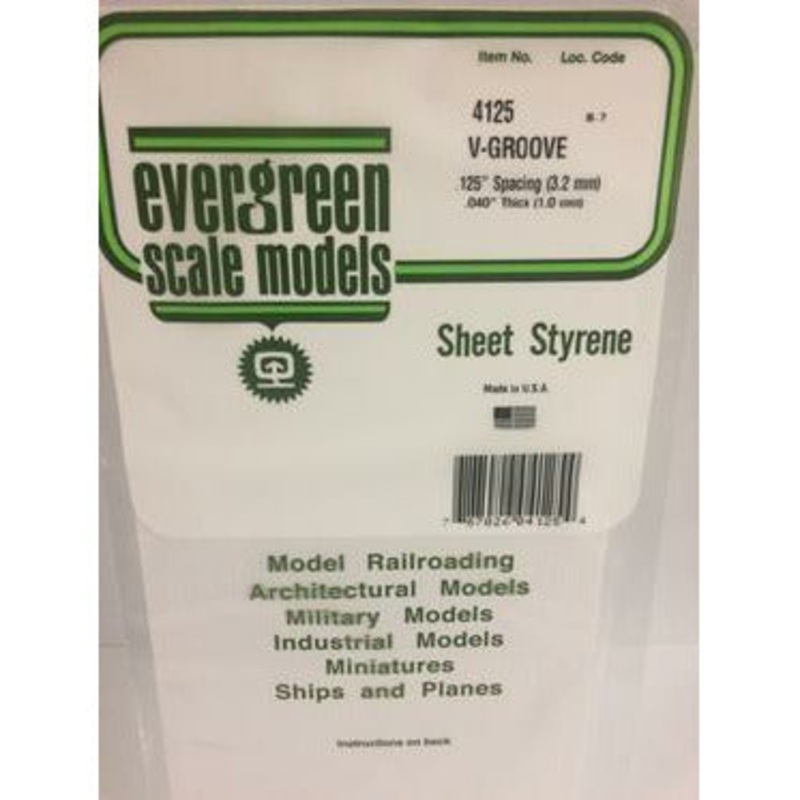 Evergreen #4125 Styrene Siding: 0.040 V-Groove 0.125 (3.2mm) Spacing 6 x 12