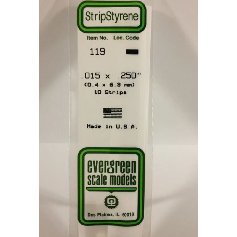 Evergreen 119 .015 x .250 (.38mm x 6.3mm) Strips (10pcs)