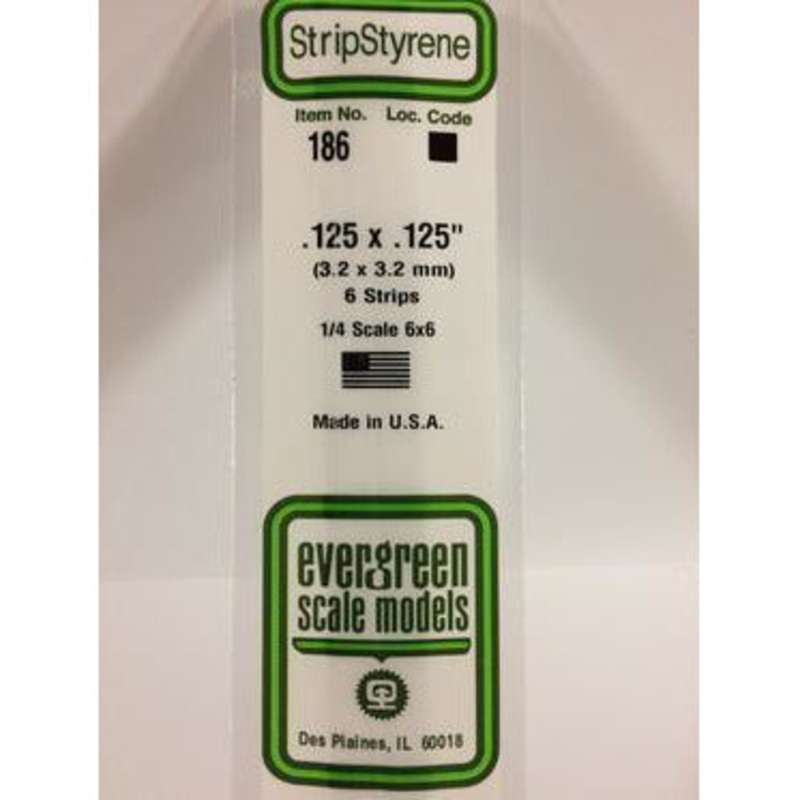 Evergreen #186 Styrene Strips: Dimensional 6 pack 0.125 (3.2mm) x 0.125 (3.2mm) x 14 (35cm)