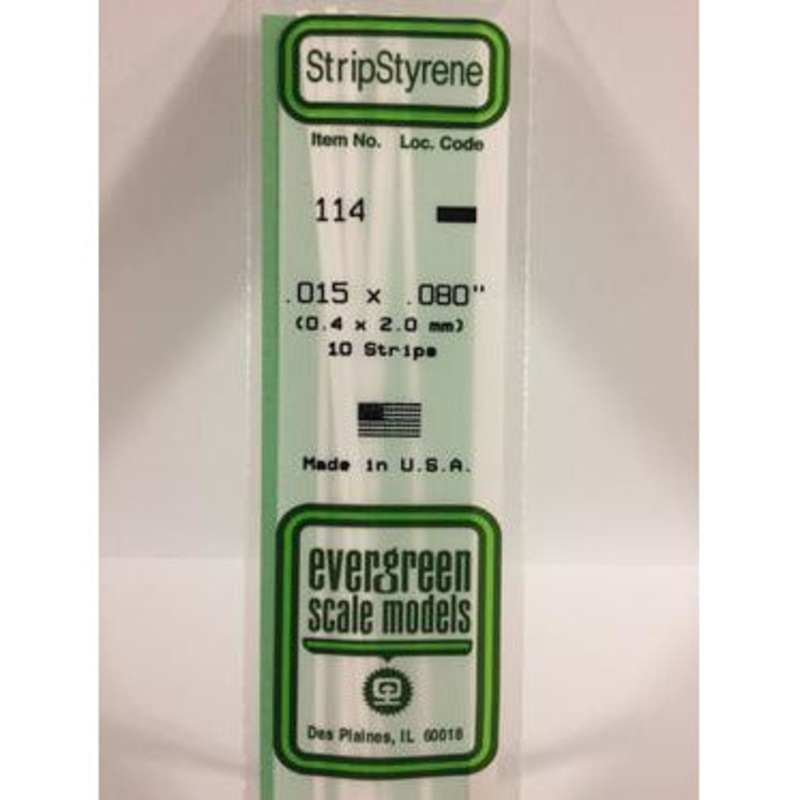 Evergreen #114 Styrene Strips: Dimensional 10 pack 0.015 (0.38mm) x 0.080 (2.0mm) x 14 (35cm)