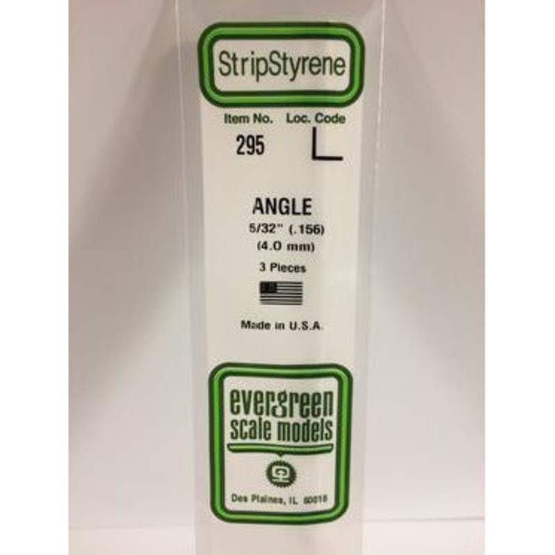 Evergreen #295 Styrene Shapes: Angle 3 pack 5/32, 0.156 (4.0mm) x 0.156 (4.0mm) x 0.023 (0.58mm) Thick