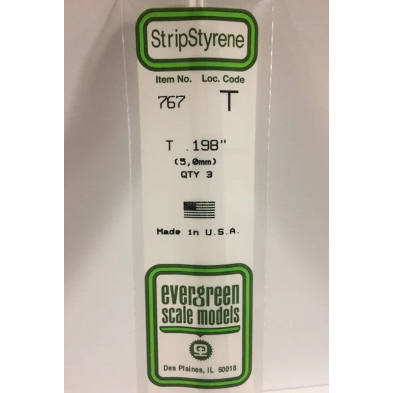 Evergreen 767 T Channel .198 (5.0mm) Strips (3pcs)