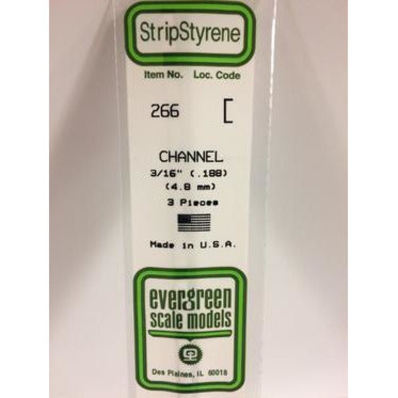 Evergreen #266 Styrene Shapes: Channel 3 pack 0.188 (4.8mm) x W: 0.062 (1.6mm) x FT: 0.016 (0.041mm) x WT: 0.024 (0.061mm)