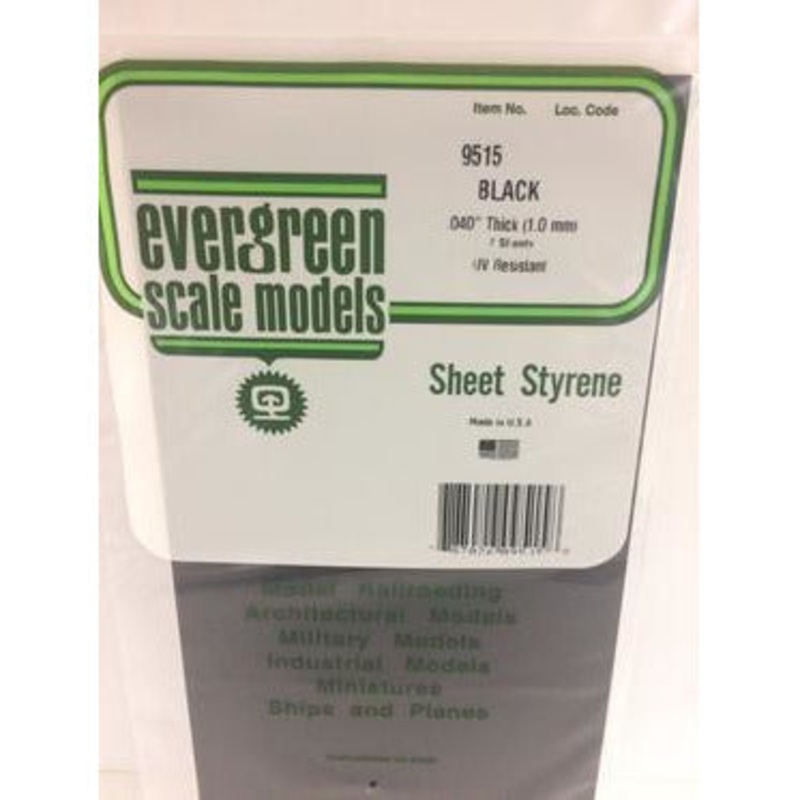 Evergreen #9515 Styrene Sheets: Black 2 pack 0.040 (1.0mm) Thick x 12 (31cm) x 6 (15cm)