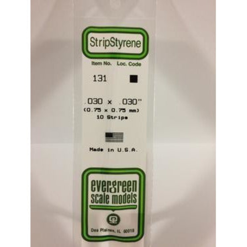 Evergreen #131 Styrene Strips: Dimensional 10 pack 0.030 (0.75mm) x 0.030 (0.75mm) x 14 (35cm)