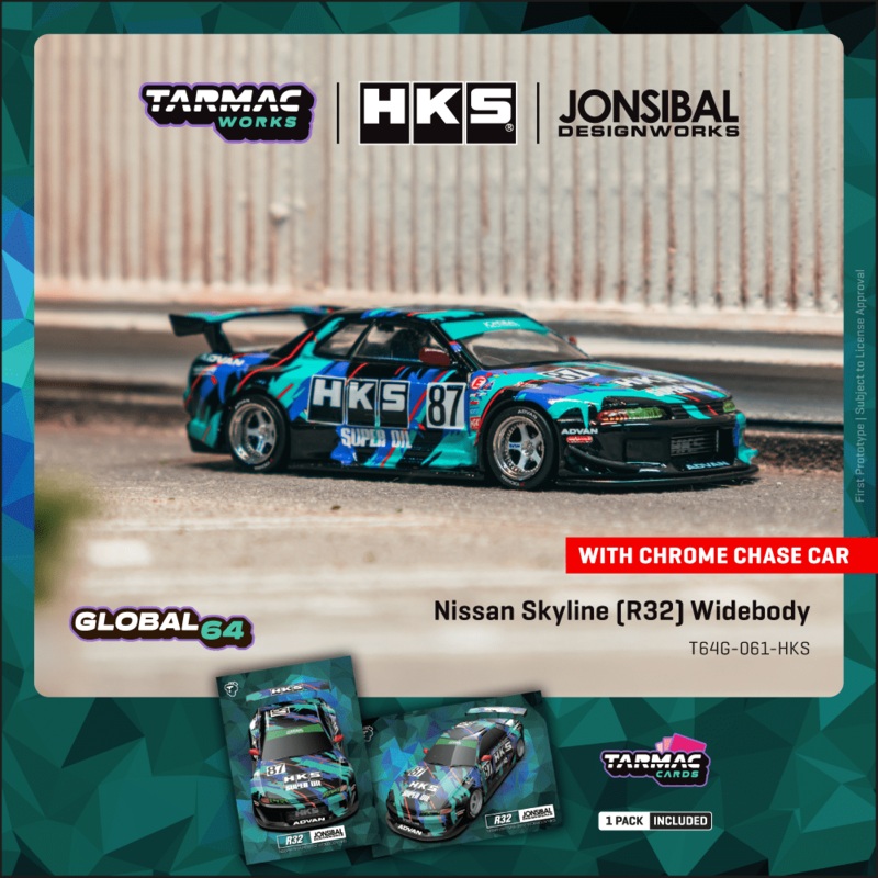 (PRE-ORDER) Tarmac Works 1:64 Nissan Skyline (R32) Widebody, HKS w/ Trading Cards