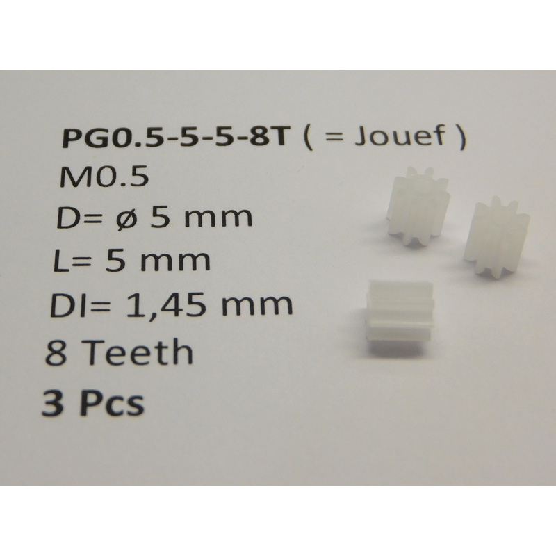 Gear plastic M0.5 D=  5 mm L= 5 mm DI=1.95 mm 8 teeth 3-part