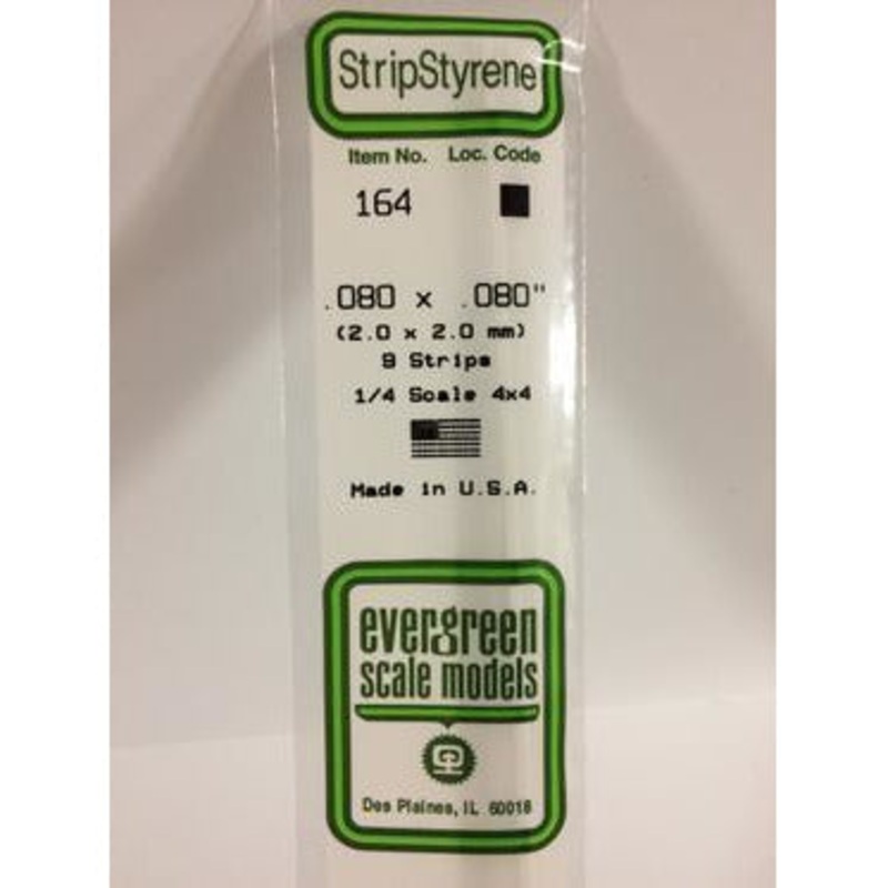Evergreen #164 Styrene Strips: Dimensional 9 pack 0.080 (2.0mm) x 0.080 (2.0mm) x 14 (35cm)