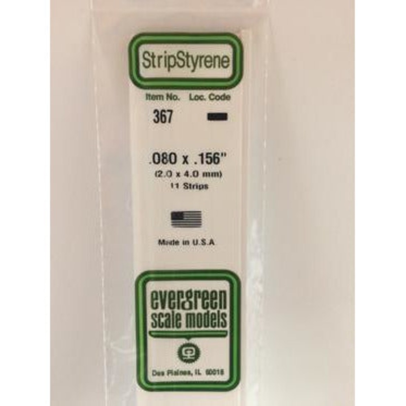 Evergreen #367 Styrene Strips: Dimensional 11 pack 0.080 (2.0mm) x 0.156 (4.0mm) x 24 (60cm)