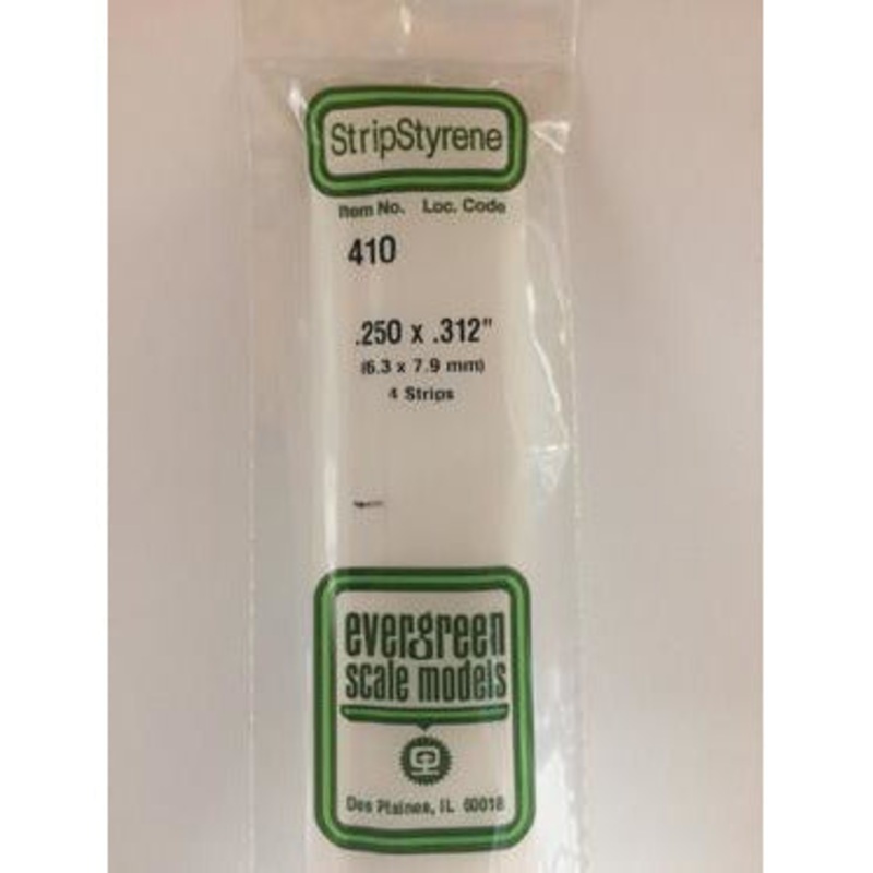 Evergreen #410 Styrene Strips: Dimensional 4 pack 0.250 (6.3mm) x 0.312 (7.9mm) x 24 (60cm)