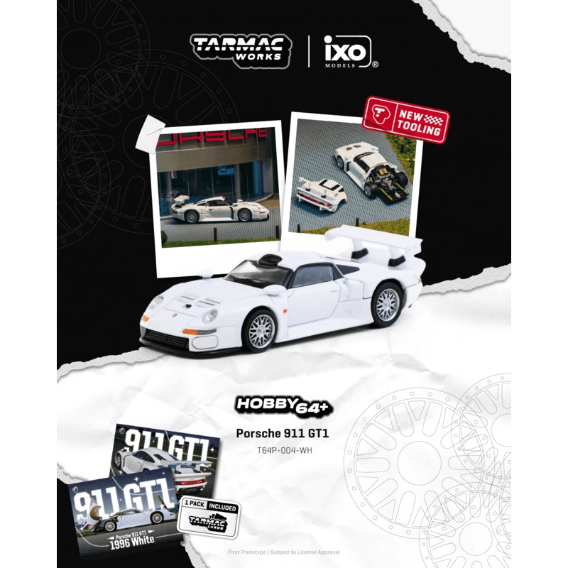 (PRE-ORDER) Tarmac Works 1:64 Porsche 911 GT1, White w/ Trading Cards