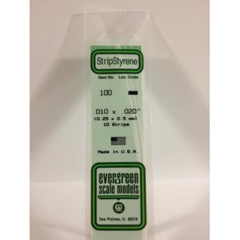 Evergreen #100 Styrene Strips: Dimensional 10 pack 0.010 (0.25mm) x 0.020 (0.50mm) x 14 (35cm)